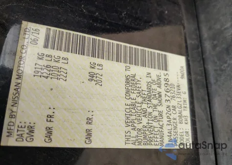 2016 Nissan Altima 2.5/2.5 S/2.5 Sl/2.5 Sr/2.5 Sv from USA, damaged, VIN 1N4AL3AP2GN376985